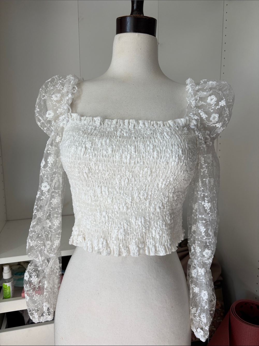 White smocked Mini Skirt with Floral Texture